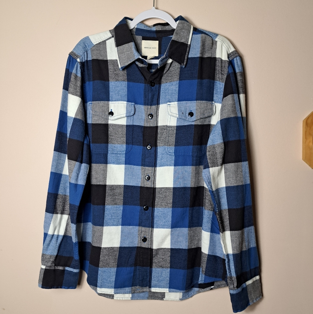 NWT American Eagle Outfitters Men's Flannel Plaid Blue Shirt Sz Large
